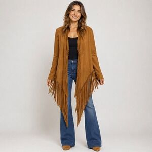 Comme Usa Brown Suede Faux Leather Fringe Waterfall Jacket‎ Cardigan